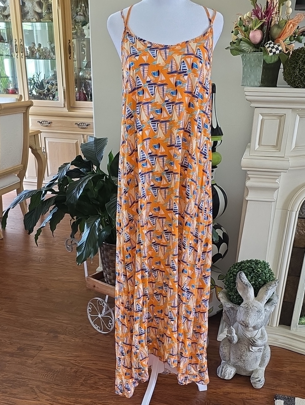 Orange Nautical Print Spaghetti Strap Maxi Dress